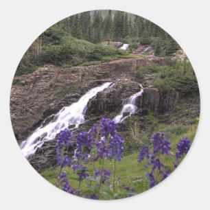 Adesivo Redondo Cachoeira gêmea e flores roxas
