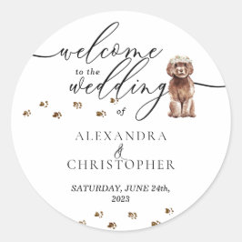 Adesivo Redondo Cachorrinho Cavapoo marrom Bem-vindo ao casamento