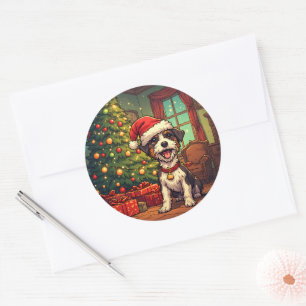 Adesivo Redondo Cachorrinho Desgrenhado Chapéu de Papai Noel Árvor