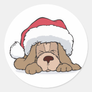 Adesivo Redondo cachorrinho fofo com chapéu de santa