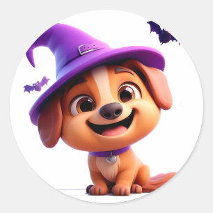 Adesivo Redondo Cachorro Adorável com Chapéu de Bruxa