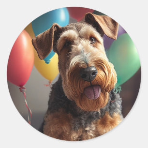 Adesivo Redondo Cachorro Airedale com bolo e balões