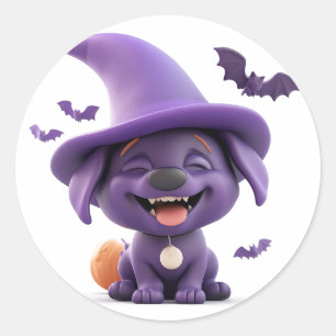 Adesivo Redondo Cachorro Alegre Disfarçado de Bruxa no Halloween