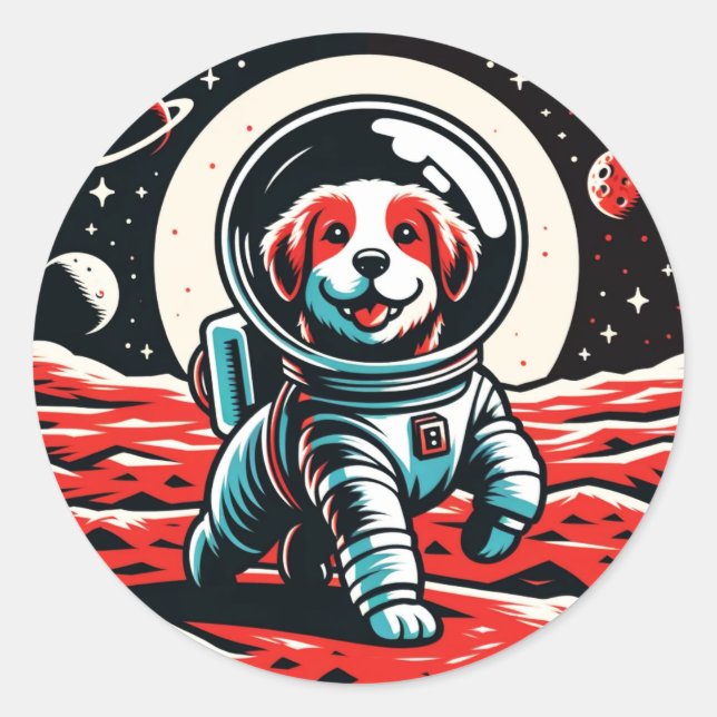 Adesivo Redondo Cachorro Astronauta - Aventura Espacial Canino Cós (Frente)