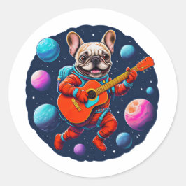 Adesivo Redondo Cachorro Astronauta Francês Fofo Tocando Guitarra 