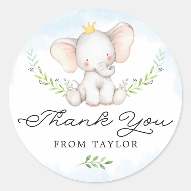 Adesivo Redondo Cachorro Azul Cura Elefante Para Bebê Obrigado (Frente)