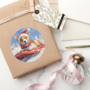 Adesivo Redondo Cachorro Basenji no Sledge Deixe-o nevar no Natal