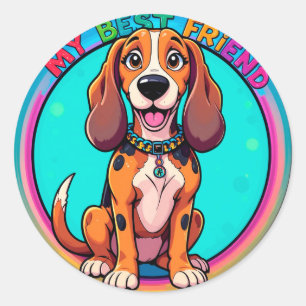 Adesivo Redondo Cachorro Beagle de Desenho Animado Feliz Meu Melho