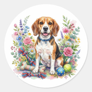 Adesivo Redondo Cachorro Beagle Fofo em Aquarela entre Flores
