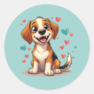 Adesivo Redondo Cachorro Beagle Kawaii Fofo com Corações Cachorro