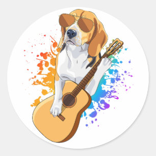 Adesivo Redondo Cachorro Beagle Vestindo Óculos Solares Tocando Vi