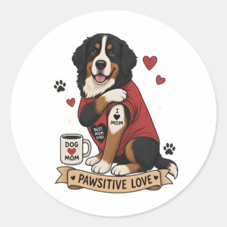 Adesivo Redondo Cachorro Bernês com Ilustração de Tatuagem Eu Amo