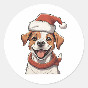 Adesivo Redondo Cachorro Bonito vestindo Chapéu de Natal Clássico
