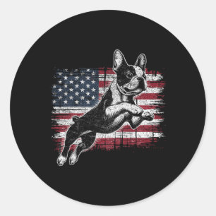 Adesivo Redondo Cachorro Boston Terrier Bandeira Americana 4 De Ju