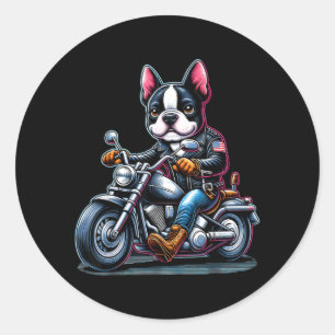 Adesivo Redondo Cachorro Boston Terrier Ciclista Pilotando Moto