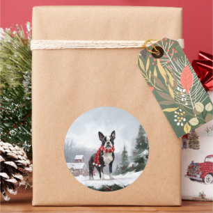 Adesivo Redondo Cachorro Boston Terrier na Neve Natal