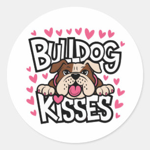 Adesivo Redondo Cachorro Bulldog Fofo Presente Coração Rosa Beijos