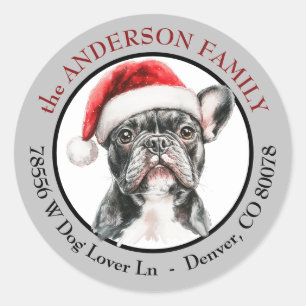 Adesivo Redondo Cachorro Bulldogue Francês de Chapéu de Papai Noel