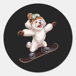 Adesivo Redondo Cachorro Cachorro Snowboard Divertido No inverno E