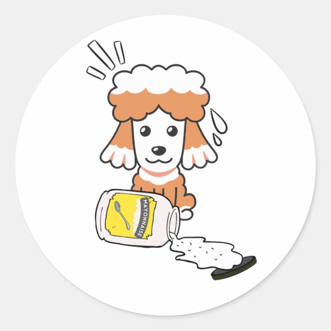 Adesivo Redondo Cachorro castanho engraçado derramou maionese (Frente)
