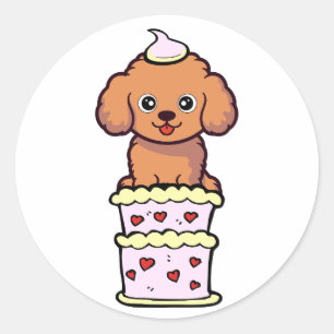 Adesivo Redondo Cachorro castanho engraçado pulando de um bolo