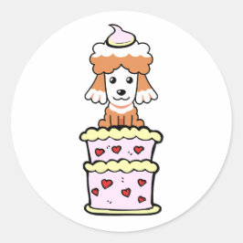 Adesivo Redondo Cachorro castanho engraçado pulando de um bolo