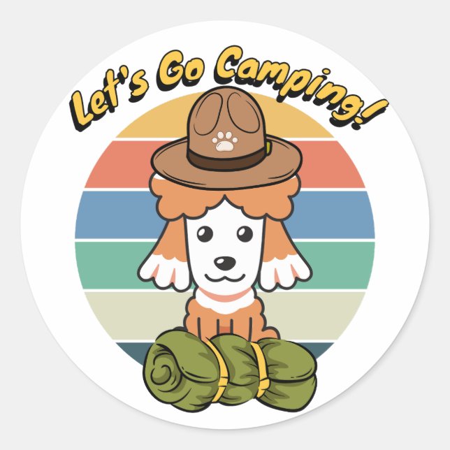 Adesivo Redondo Cachorro castanho engraçado quer ir acampar (Frente)