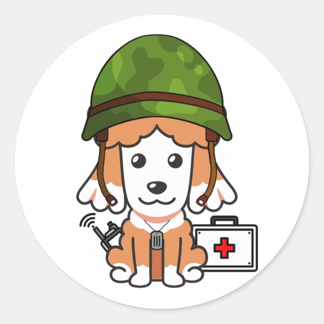 Adesivo Redondo Cachorro Castanho Vestido com capacete do exército (Frente)