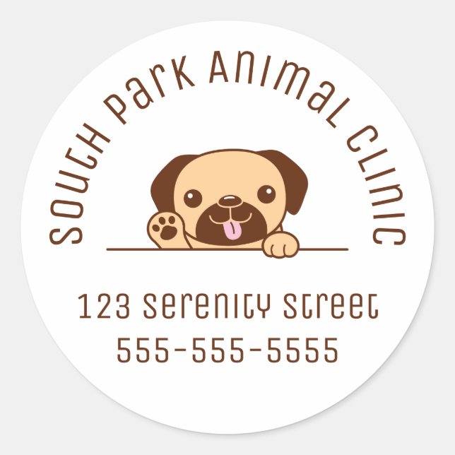 Adesivo Redondo Cachorro Cheio Purgando acima do Texto Personaliza (Frente)