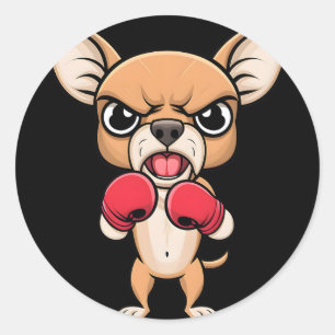 Adesivo Redondo Cachorro Chihuahua Bravo Com Luvas de Boxe Pet Eng