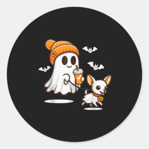Adesivo Redondo Cachorro Chihuahua Fantasma Engraçado Andando Mulh