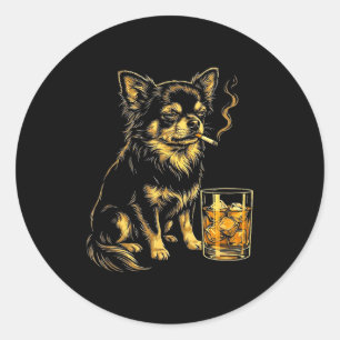 Adesivo Redondo Cachorro chihuahua fumante vintage gráfico engraça