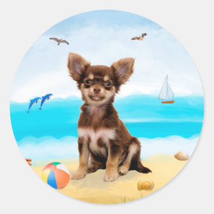 Adesivo Redondo Cachorro Chihuahua na Praia