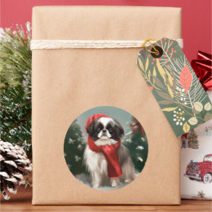 Adesivo Redondo Cachorro Chin Japonês na neve Natal 