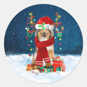 Adesivo Redondo Cachorro Collie em Neve com presentes de Natal