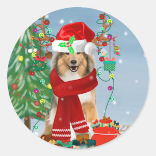 Adesivo Redondo Cachorro Collie em neve presente de Natal