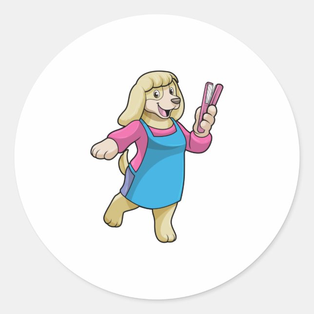 Adesivo Redondo Cachorro como cabeleireiro com pente (Frente)