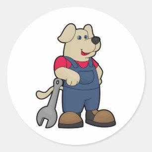 Adesivo Redondo Cachorro como Mecânico com Chave de Grifo