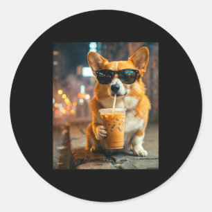 Adesivo Redondo Cachorro corgi bebendo café gelado meme engraçado