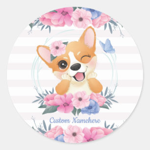 Adesivo Redondo Cachorro Corgi Fofo Coroa de Flores Borboleta Azul