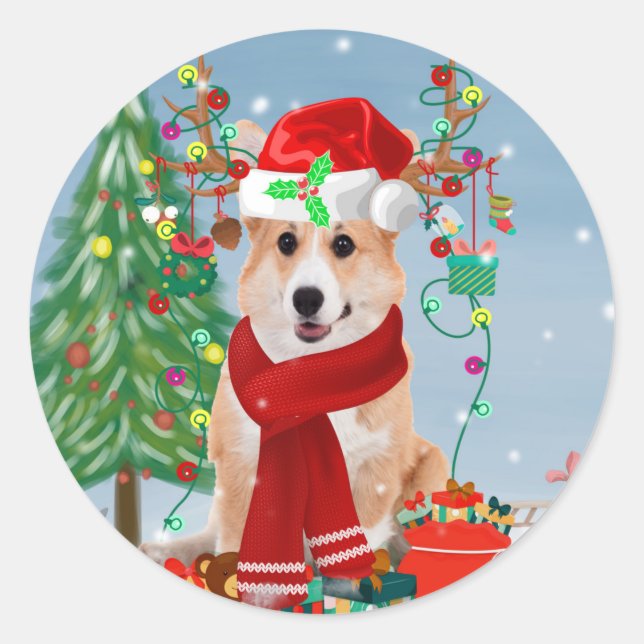 Adesivo Redondo Cachorro Corgi na Neve com presentes de Natal (Frente)