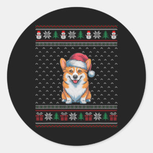 Adesivo Redondo Cachorro Corgi Vestindo Cachorro de Santa Hat Feia
