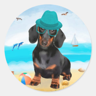 Adesivo Redondo Cachorro Dachshund na Praia