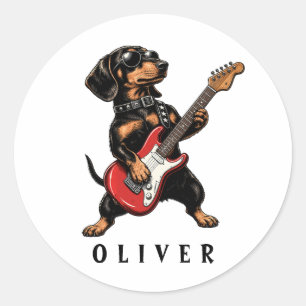 Adesivo Redondo Cachorro Dachshund Rocker Legal Tocando Guitarra E