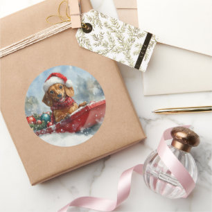 Adesivo Redondo Cachorro Dachshund Sledge Deixe-o nevar no Natal