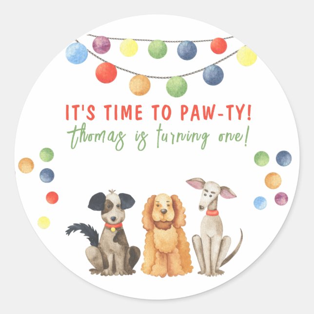 Adesivo Redondo Cachorro de Aquarela Primeira Festa de aniversário (Frente)