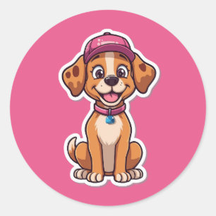 Adesivo Redondo Cachorro de Cartoon Doce - Puppy feliz no Boné Sti
