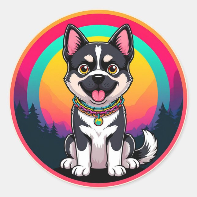 Adesivo Redondo Cachorro de Cartoon Reproduzido (Frente)