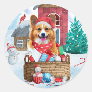 Adesivo Redondo Cachorro De Corgi Na Casa De Cachorro De Natal Da 