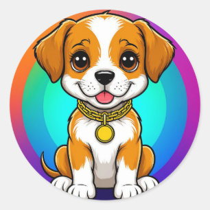 Adesivo Redondo Cachorro de Desenho Animado Adorável
